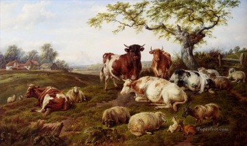 動物 Painting - 向こうの農場で休む牛 羊 鹿
